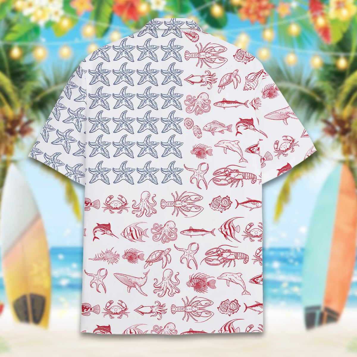 Close up back detail showing red line-drawn sea creatures