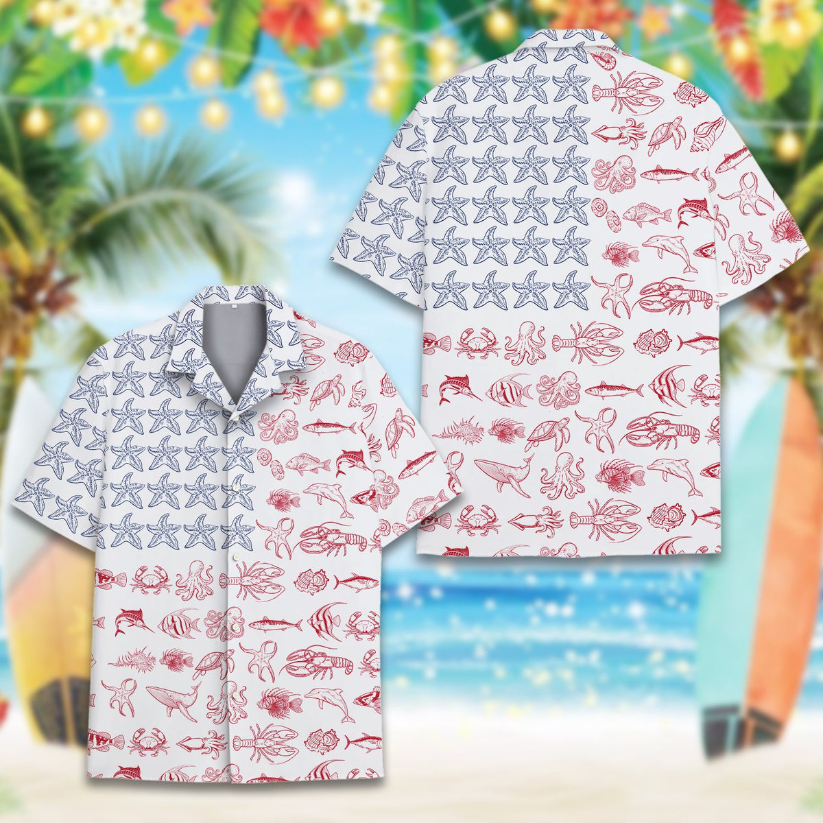 Close up front detail of the nautical flag print hawaiian shirt