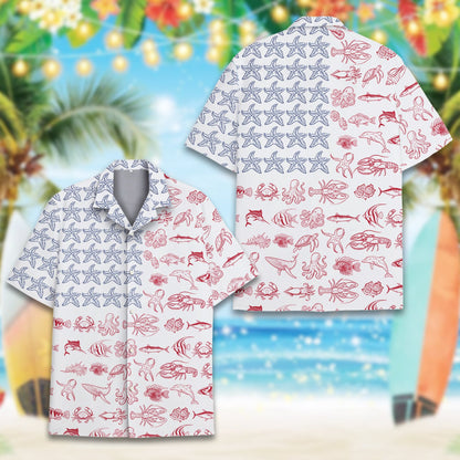 Close up front detail of the nautical flag print hawaiian shirt