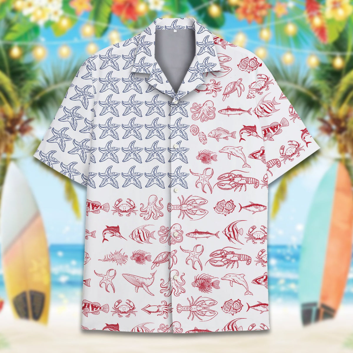 Front layout of the fourth of july hawaiian shirt with starfish and lobsters