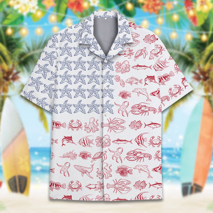 Front layout of the fourth of july hawaiian shirt with starfish and lobsters