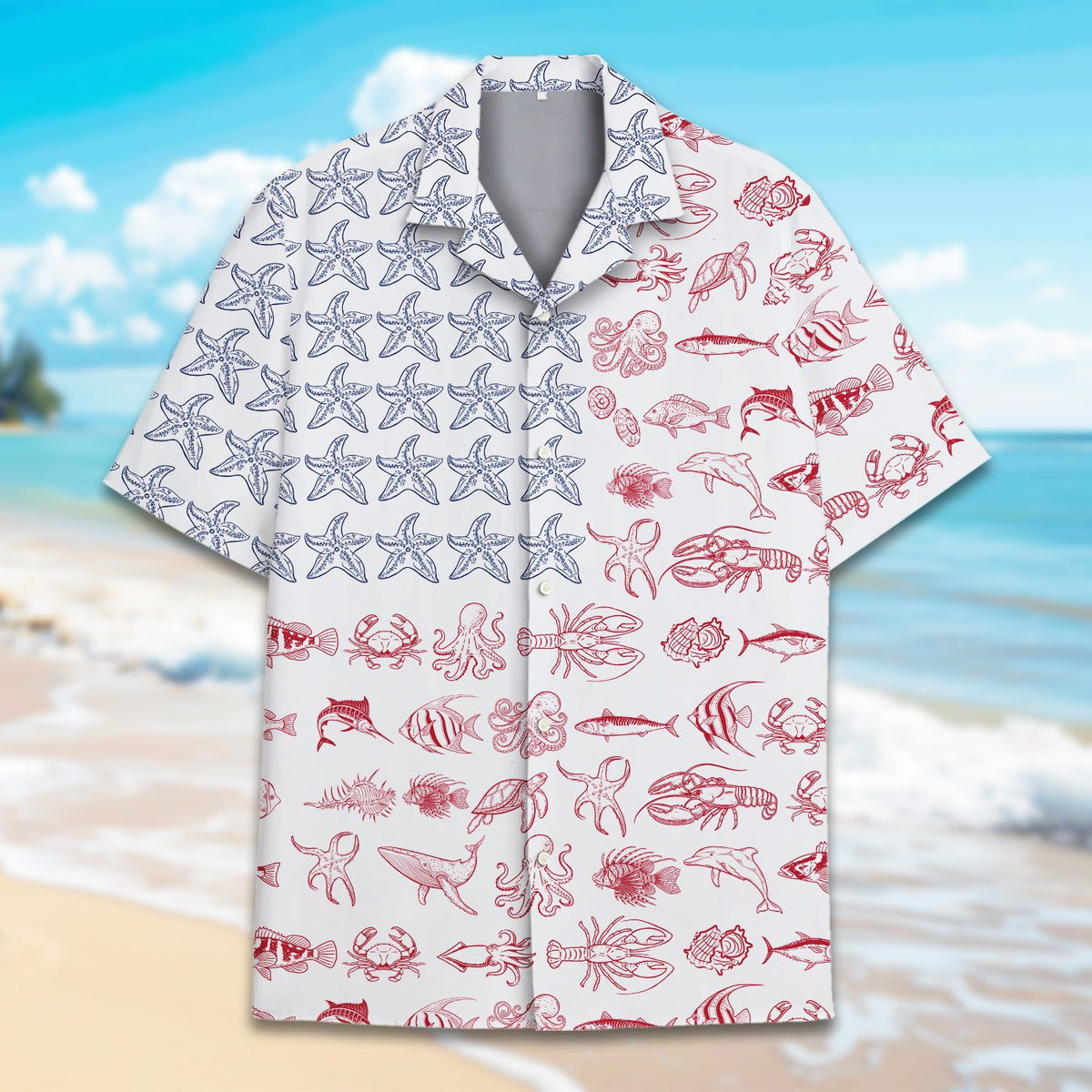 Another front view of the polyester nautical patriotic hawaiian shirt