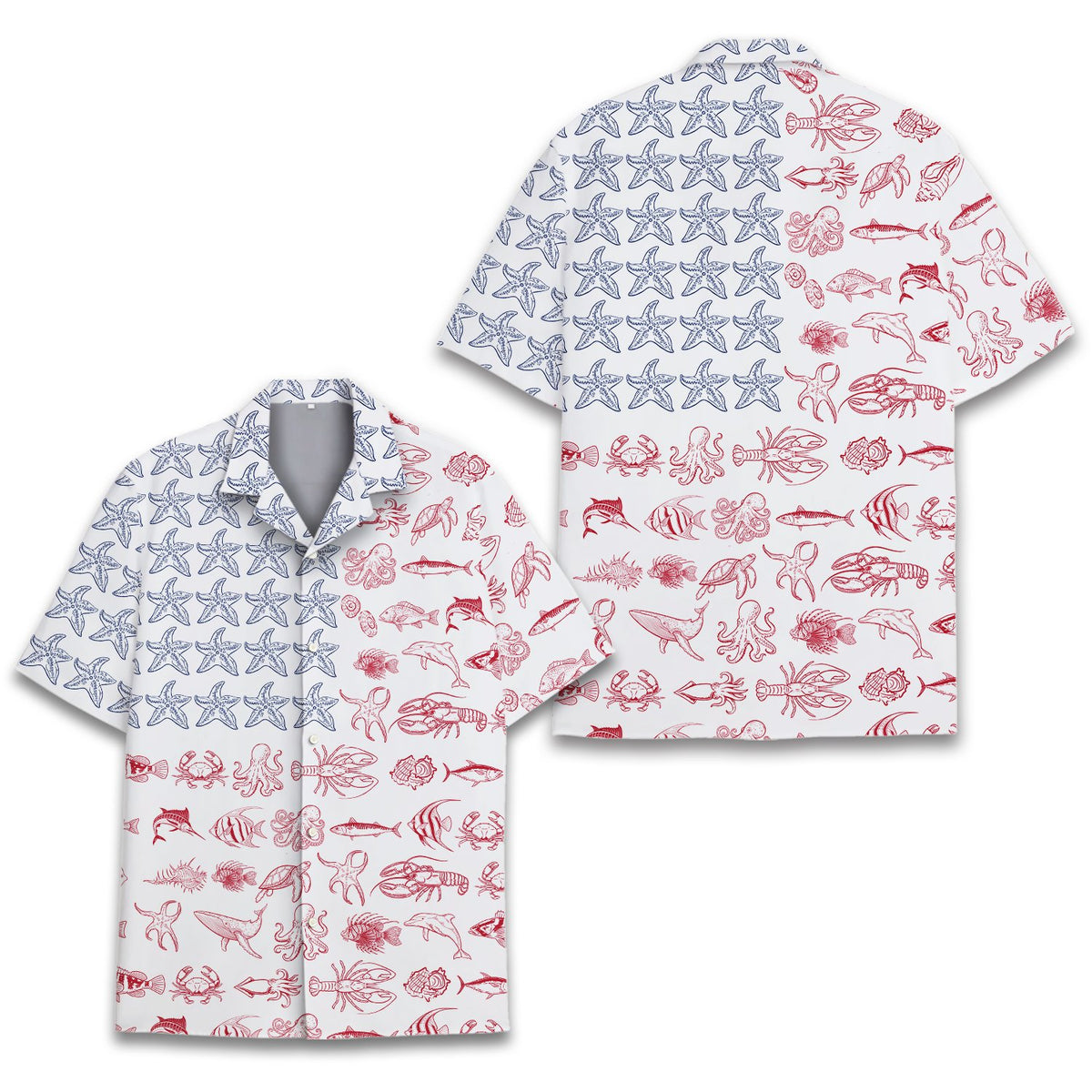 Front view of matching family hawaiian shirts in nautical patriotic design