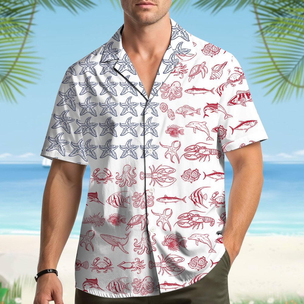 Second lifestyle view featuring the nautical patriotic hawaiian shirt outdoors