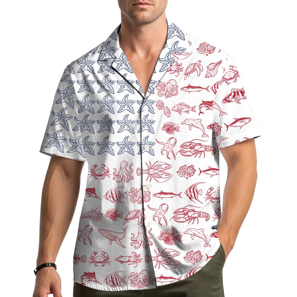 Lifestyle shot of individuals wearing matching hawaiian shirts