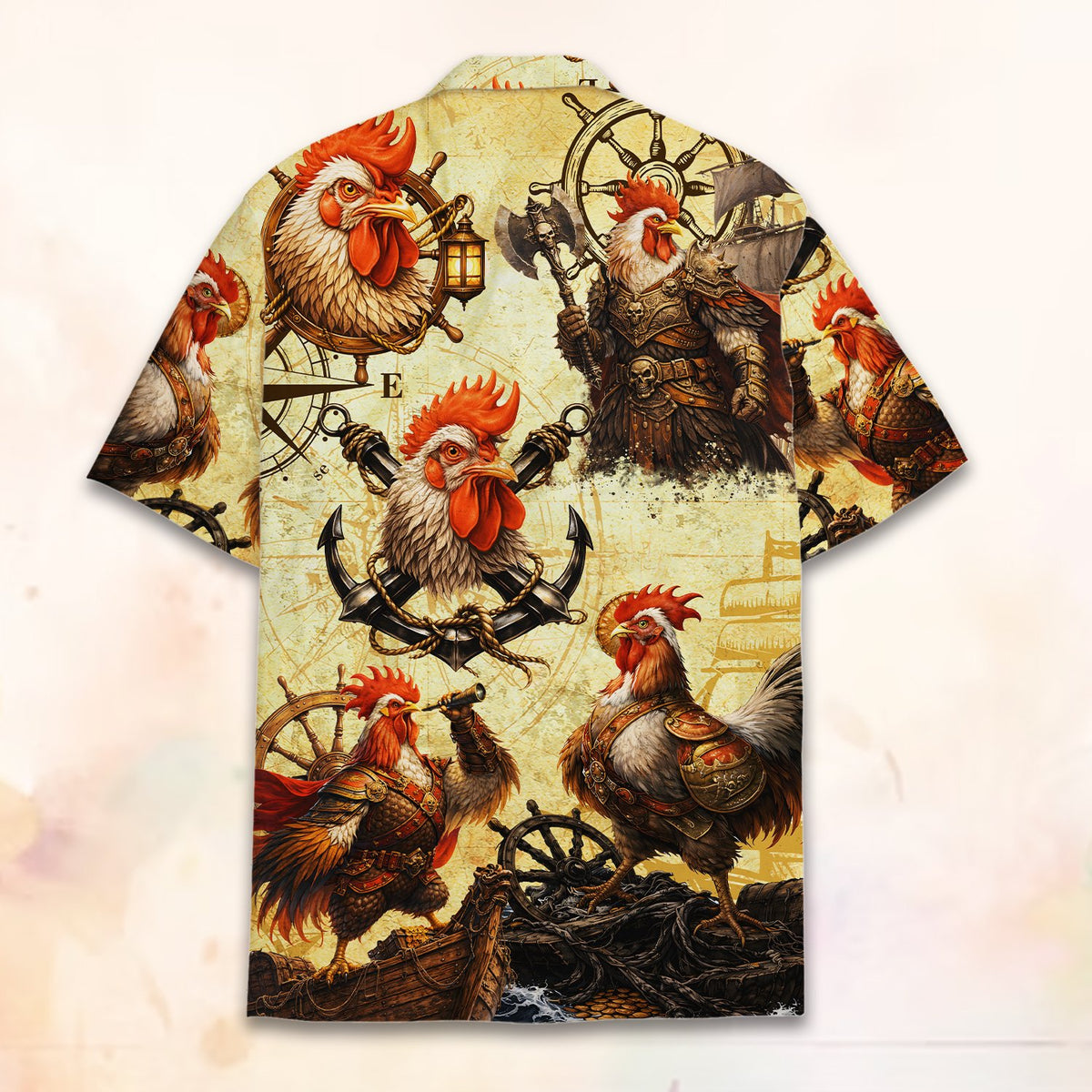 Detailed back view of the nautical pirate roosters hawaiian shirt