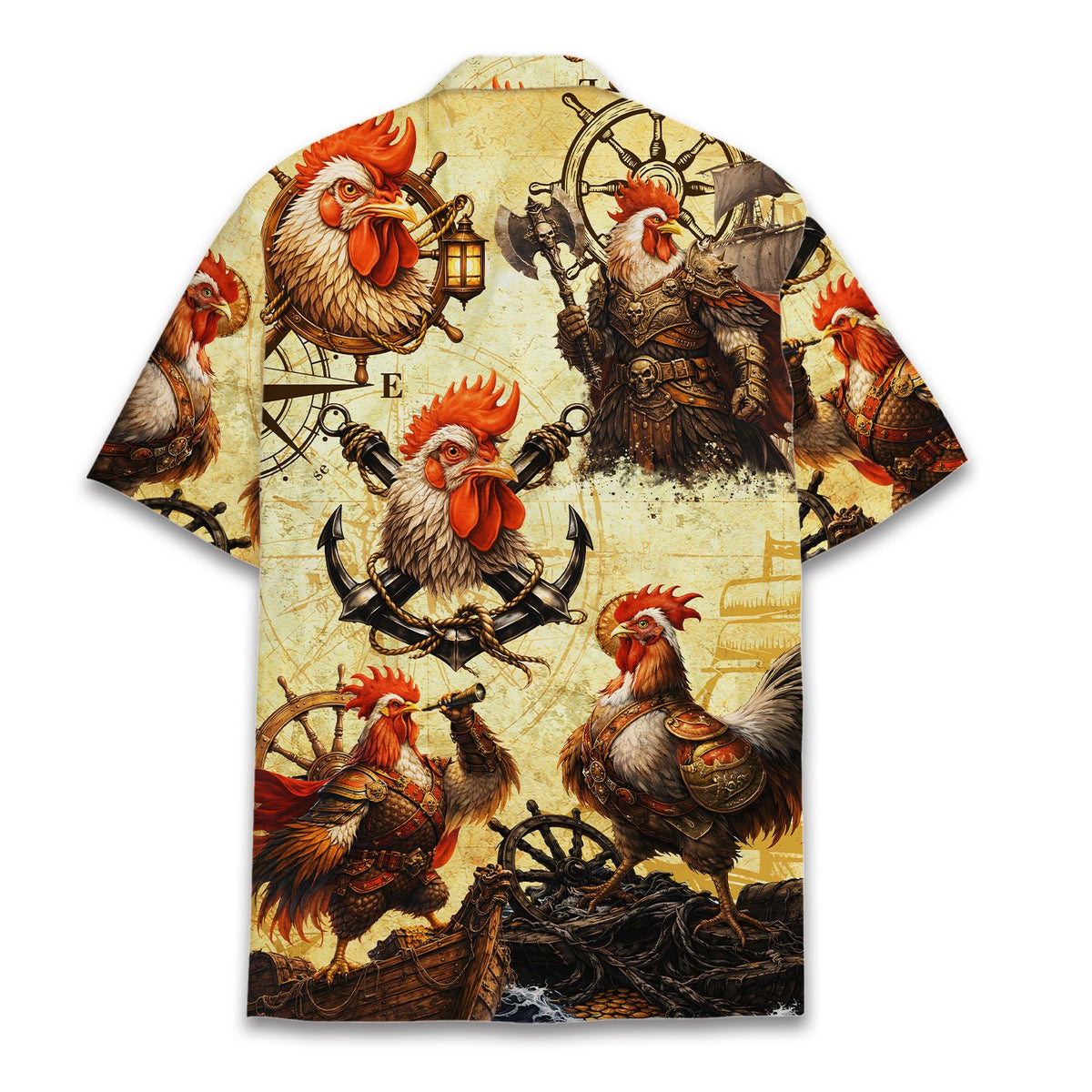 Back view of the matching family hawaiian shirts featuring pirate roosters