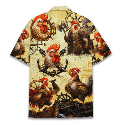 Back view of the matching family hawaiian shirts featuring pirate roosters