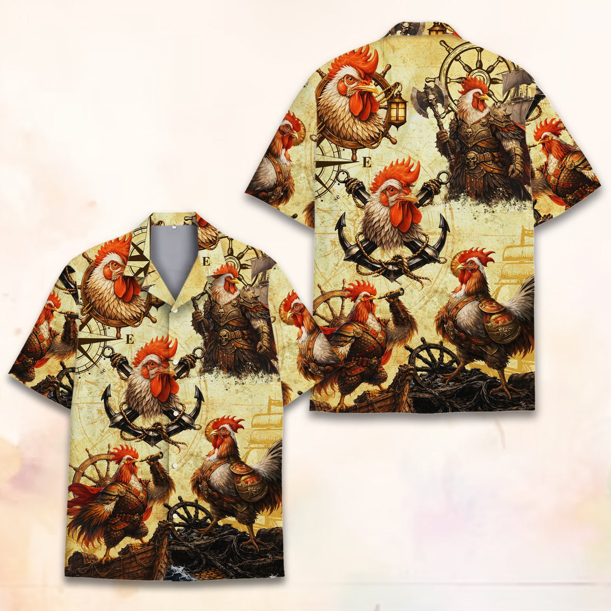 Detailed front view showing pirate roosters and anchors
