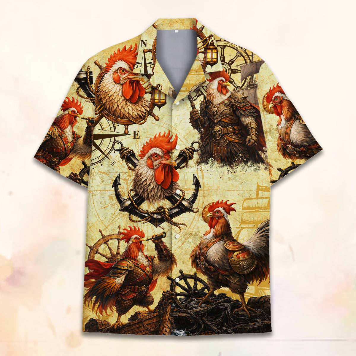 Close-up front view of the nautical map design on the hawaiian shirt