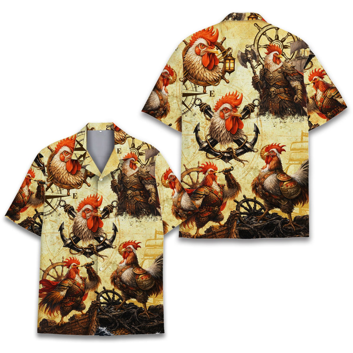 Front view of the nautical pirate roosters hawaiian shirt