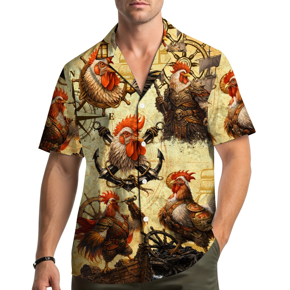 Lifestyle image of an adult wearing the nautical pirate roosters hawaiian shirt