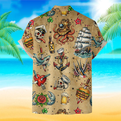 Second back view showing the vintage swallows, anchors, and skulls design