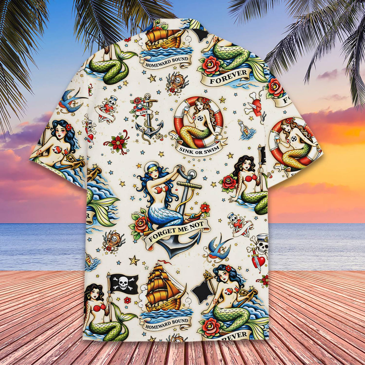 Back detail of the nautical tattoo family hawaiian shirt