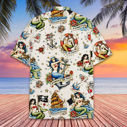 Back detail of the nautical tattoo family hawaiian shirt
