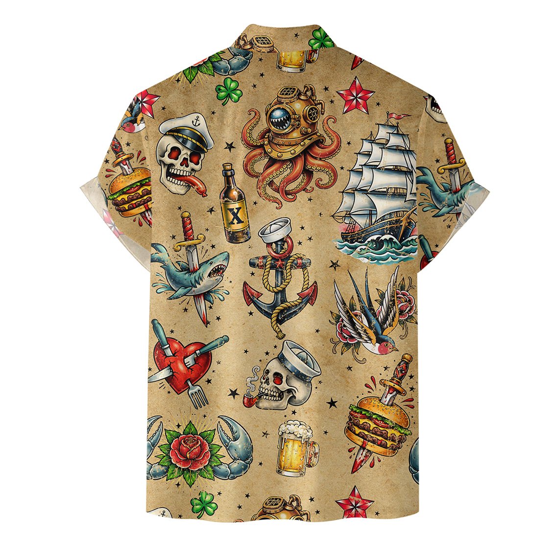 Back view of the nautical tattoo hawaiian shirt
