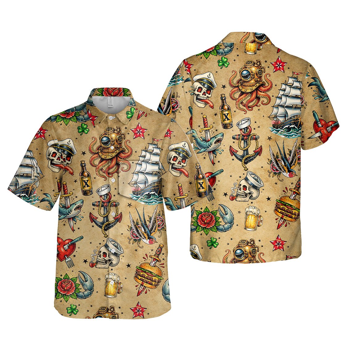 Close-up front view of the sailor tattoo flash art on a beige hawaiian shirt