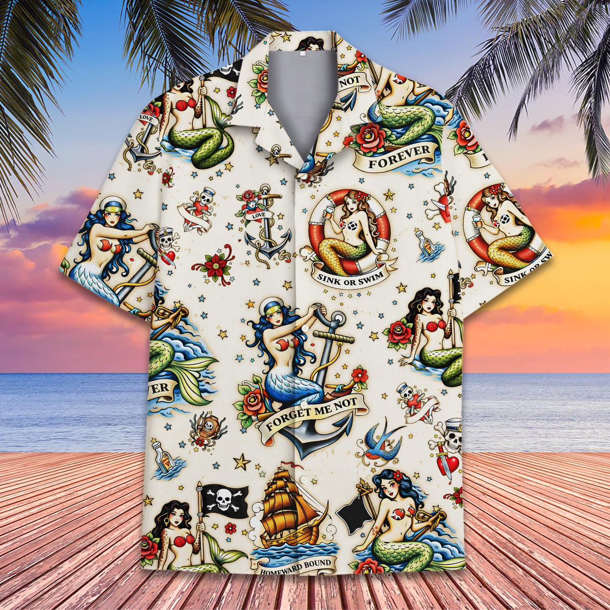 Vintage traditional tattoo hawaiian shirt front view