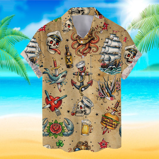 Main view of the nautical tattoo hawaiian shirt in beige with vintage flash art