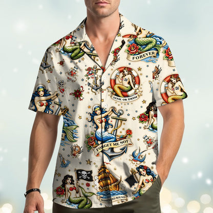 Lifestyle view of the beige tattoo hawaiian shirt