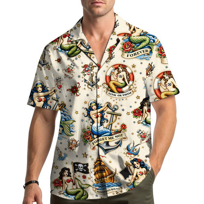 Adult wearing the nautical tattoo hawaiian shirt outside