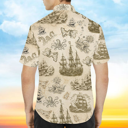 Back view of the nautical vintage map hawaiian shirt