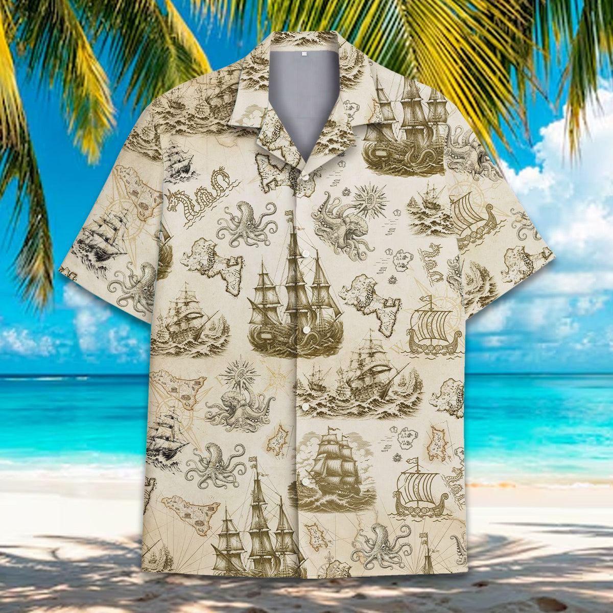 Close-up front view of the beige nautical hawaiian shirt pattern