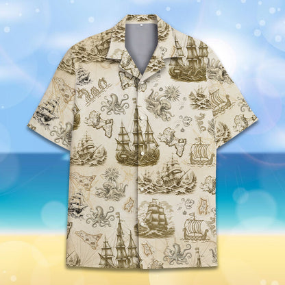 Front view of the matching family hawaiian shirts with vintage nautical map design