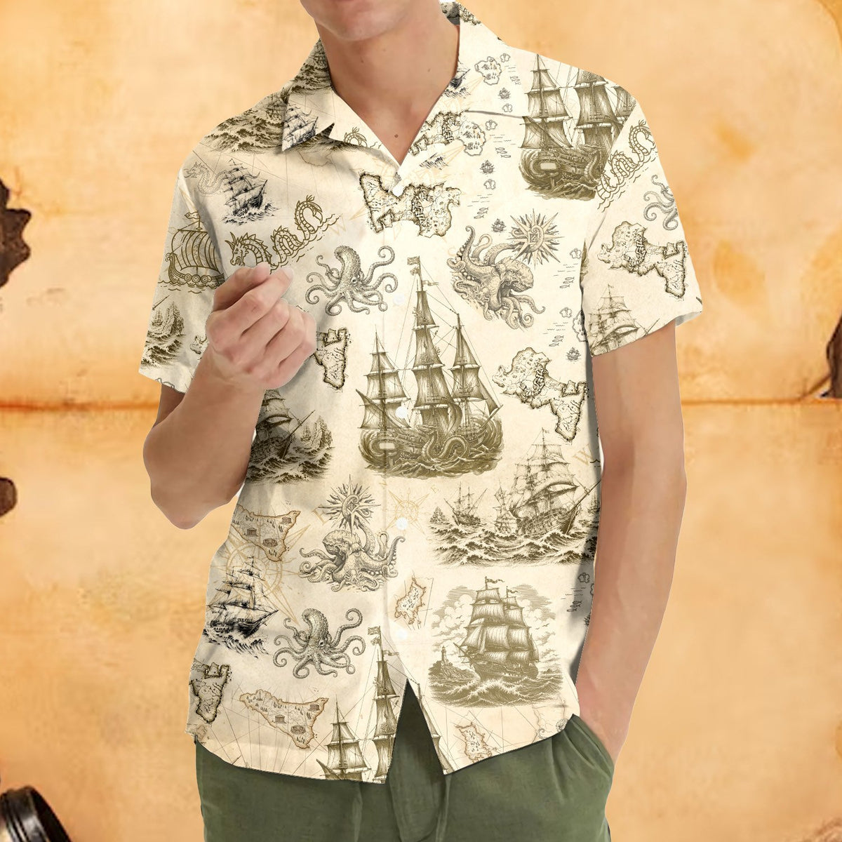 Third lifestyle shot showcasing the vintage hawaiian shirt outdoors