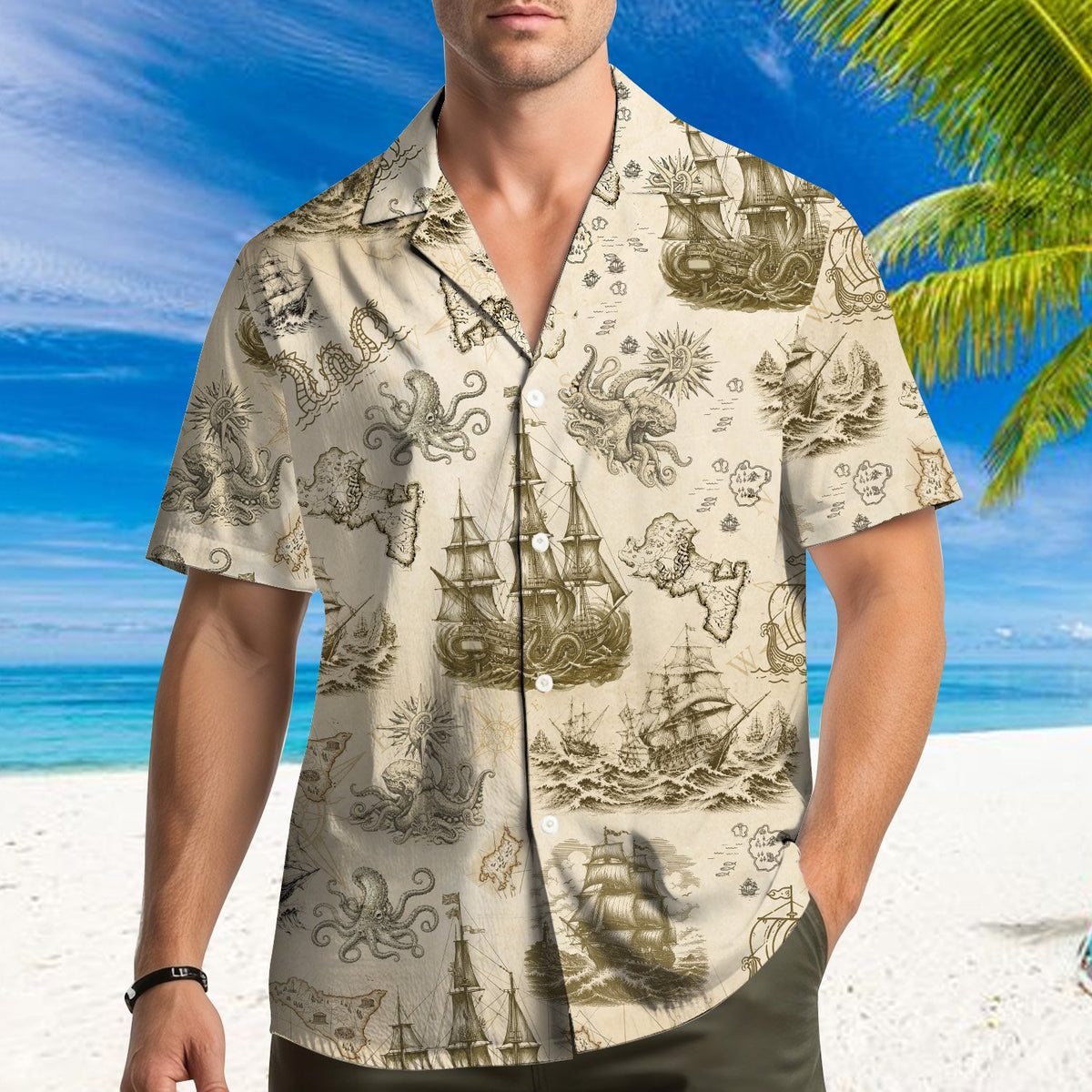 Fourth lifestyle image of the matching family hawaiian shirts in a summer setting