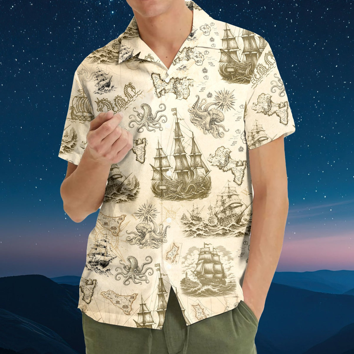 Lifestyle image of family wearing matching nautical vintage map hawaiian shirts