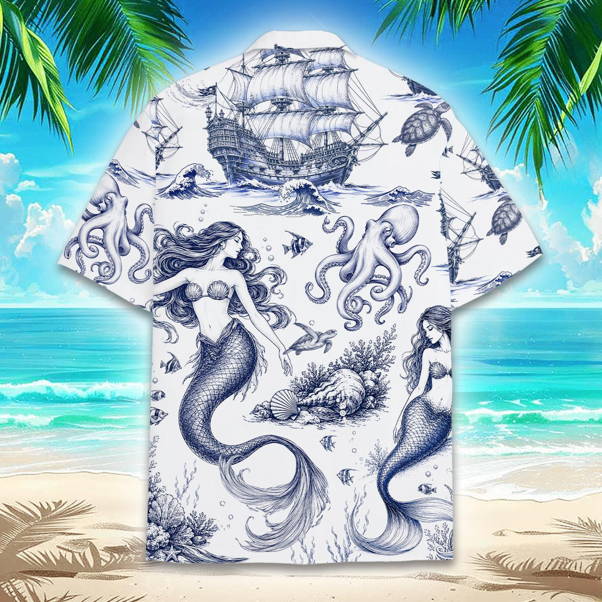 Back detail of the matching family hawaiian shirt showing the galleon ship