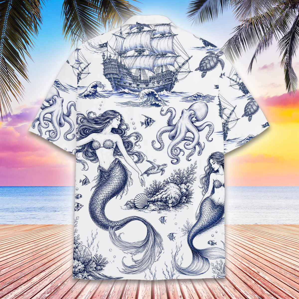 Back view of the white nautical hawaiian shirt