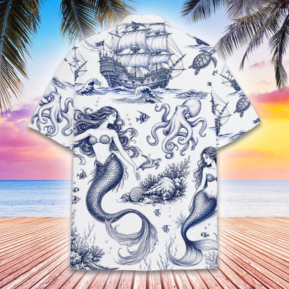Back view of the white nautical hawaiian shirt