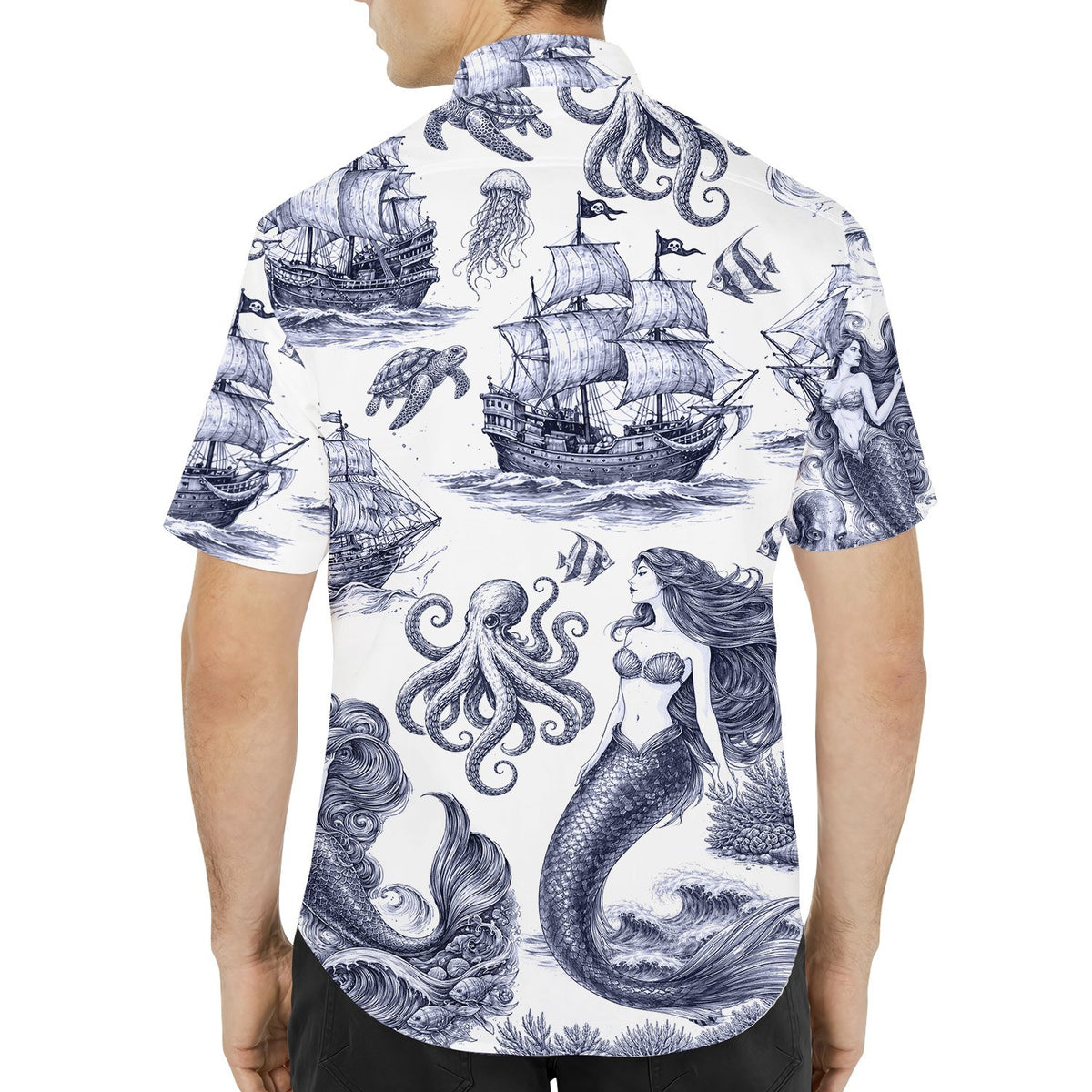 Nautical hawaiian shirt back view showing maritime pattern