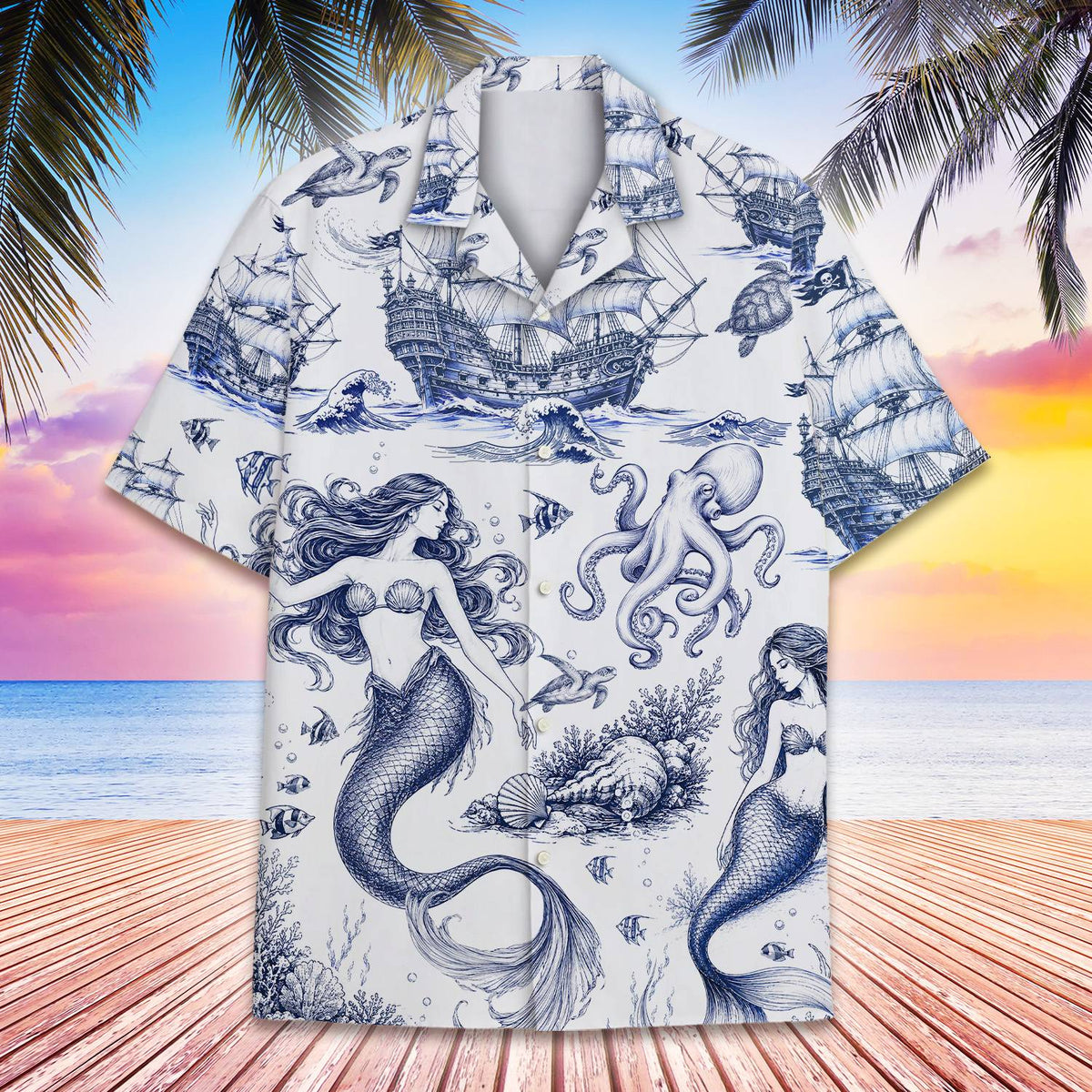 White hawaiian shirt with blue octopus and sea turtle illustration, front detail