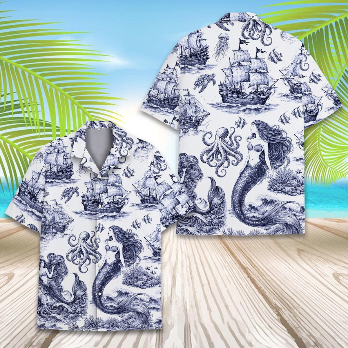 Nautical hawaiian shirt with vintage sailing ships and mermaids front