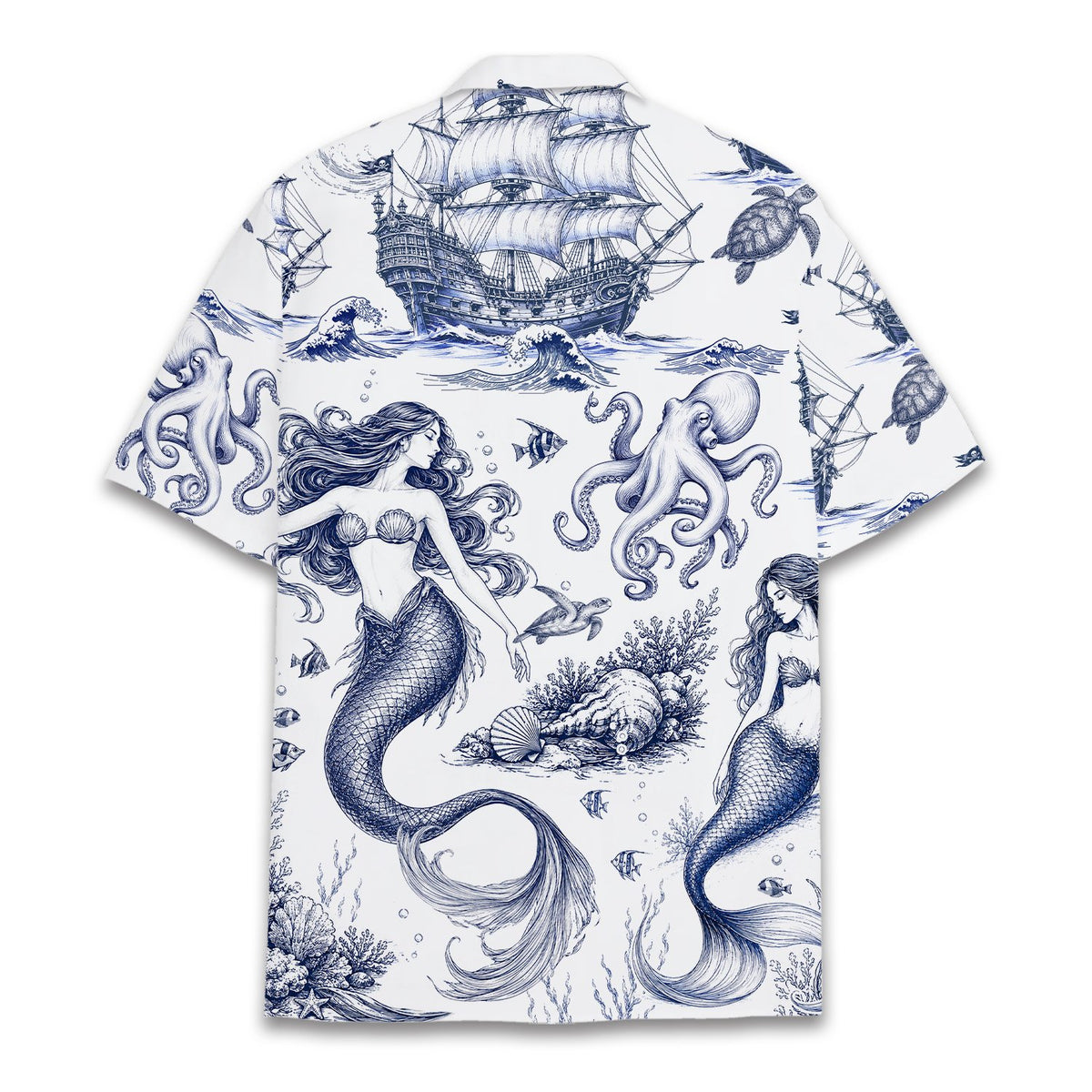 Close up of the nautical hawaiian shirt front design