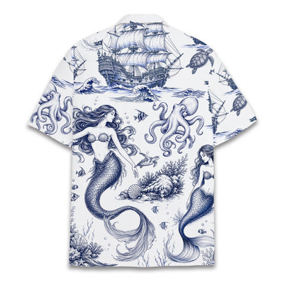 Close up of the nautical hawaiian shirt front design