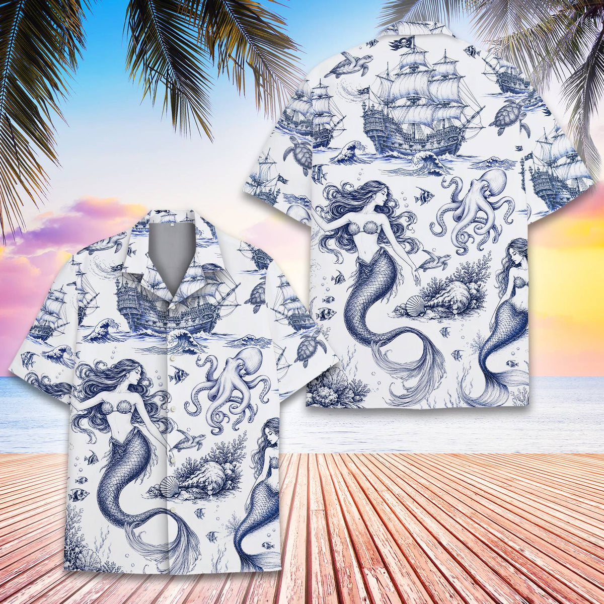 Detailed view of ocean life illustration on the front of the white hawaiian shirt