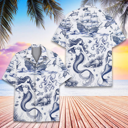 Detailed view of ocean life illustration on the front of the white hawaiian shirt