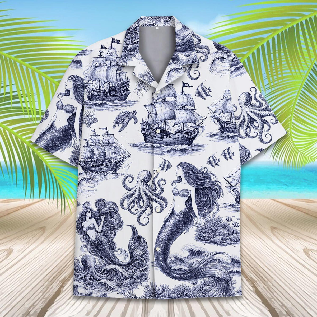 Navy and white family hawaiian shirt with ocean life design