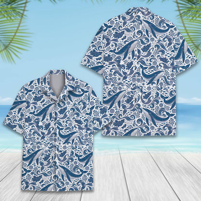 Close up front view of white and blue nautical hawaiian shirt