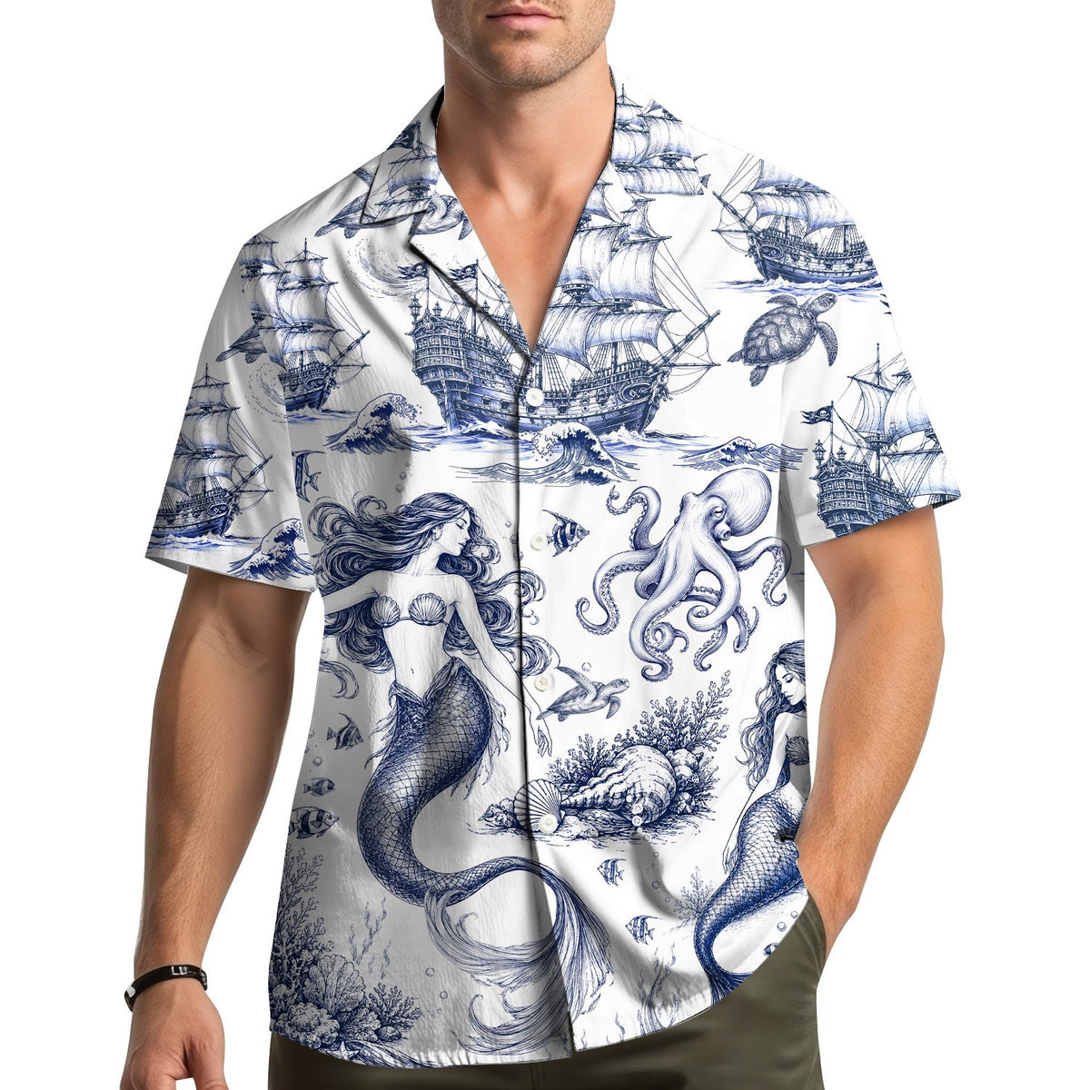 White hawaiian shirts featuring blue ink nautical illustrations, main view