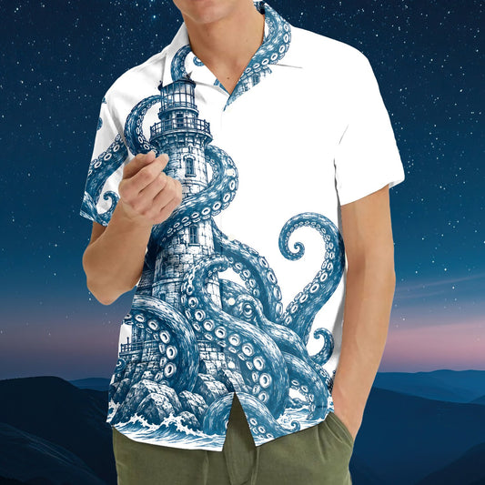 White nautical hawaiian shirt with blue ink-style octopus and lighthouse illustration, main view
