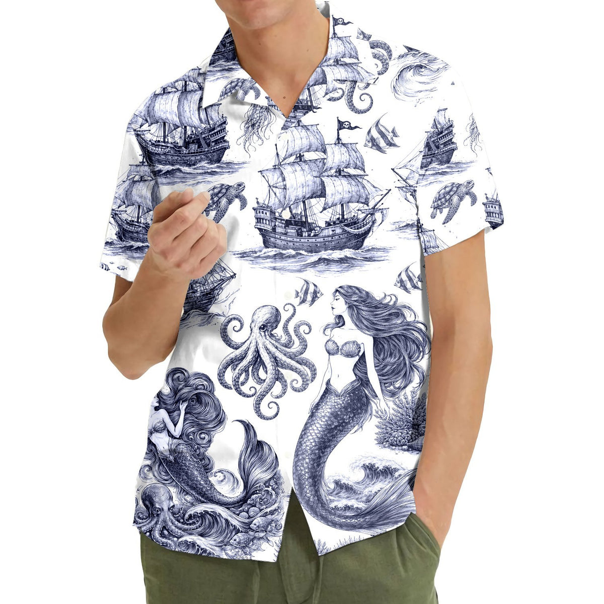 Matching family hawaiian shirt featuring detailed maritime illustrations front view