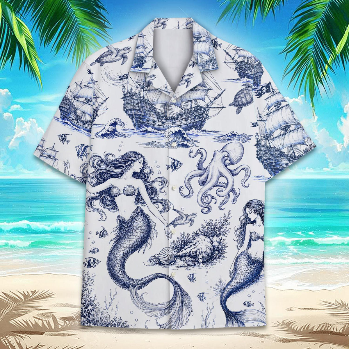 Lifestyle view of someone wearing the matching family hawaiian shirt outdoors