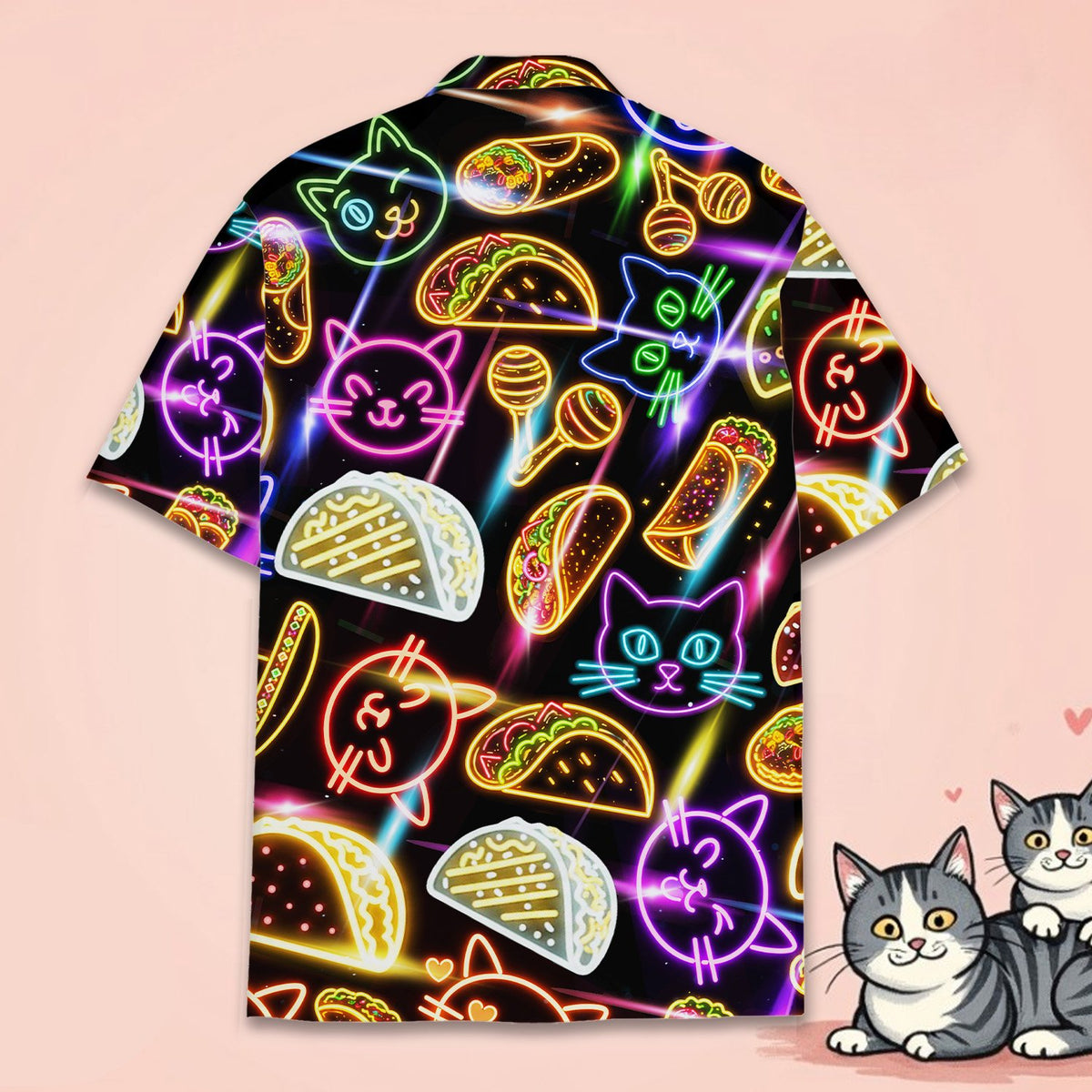 Detailed back view of the black neon cats and tacos hawaiian shirt