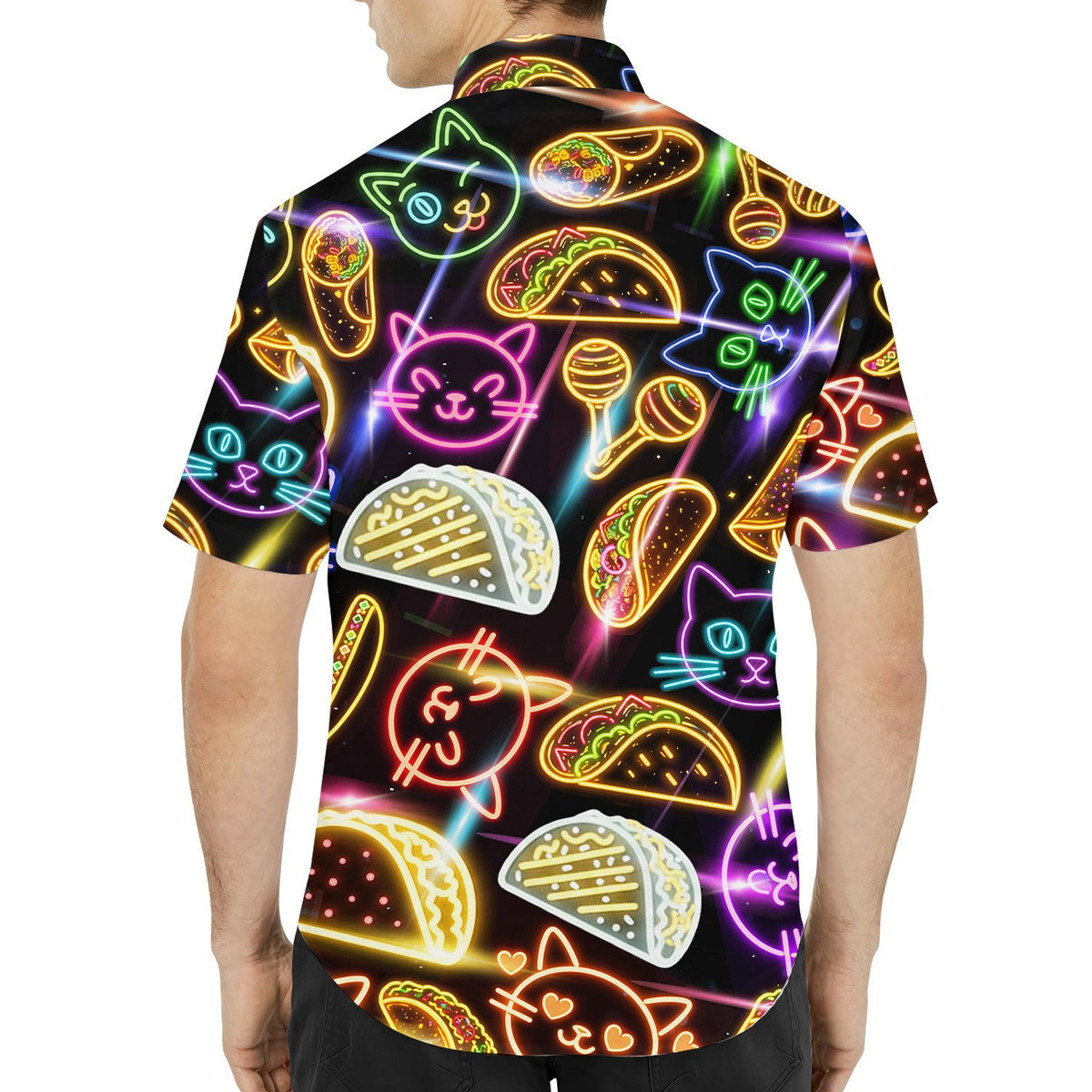Back view of the neon cats and tacos hawaiian shirt with scattered glowing outlines