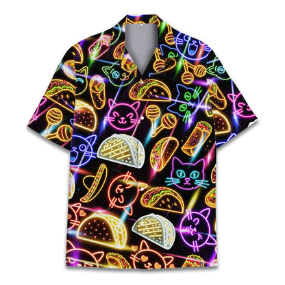 Detailed front view of the neon cats and tacos hawaiian shirt in black
